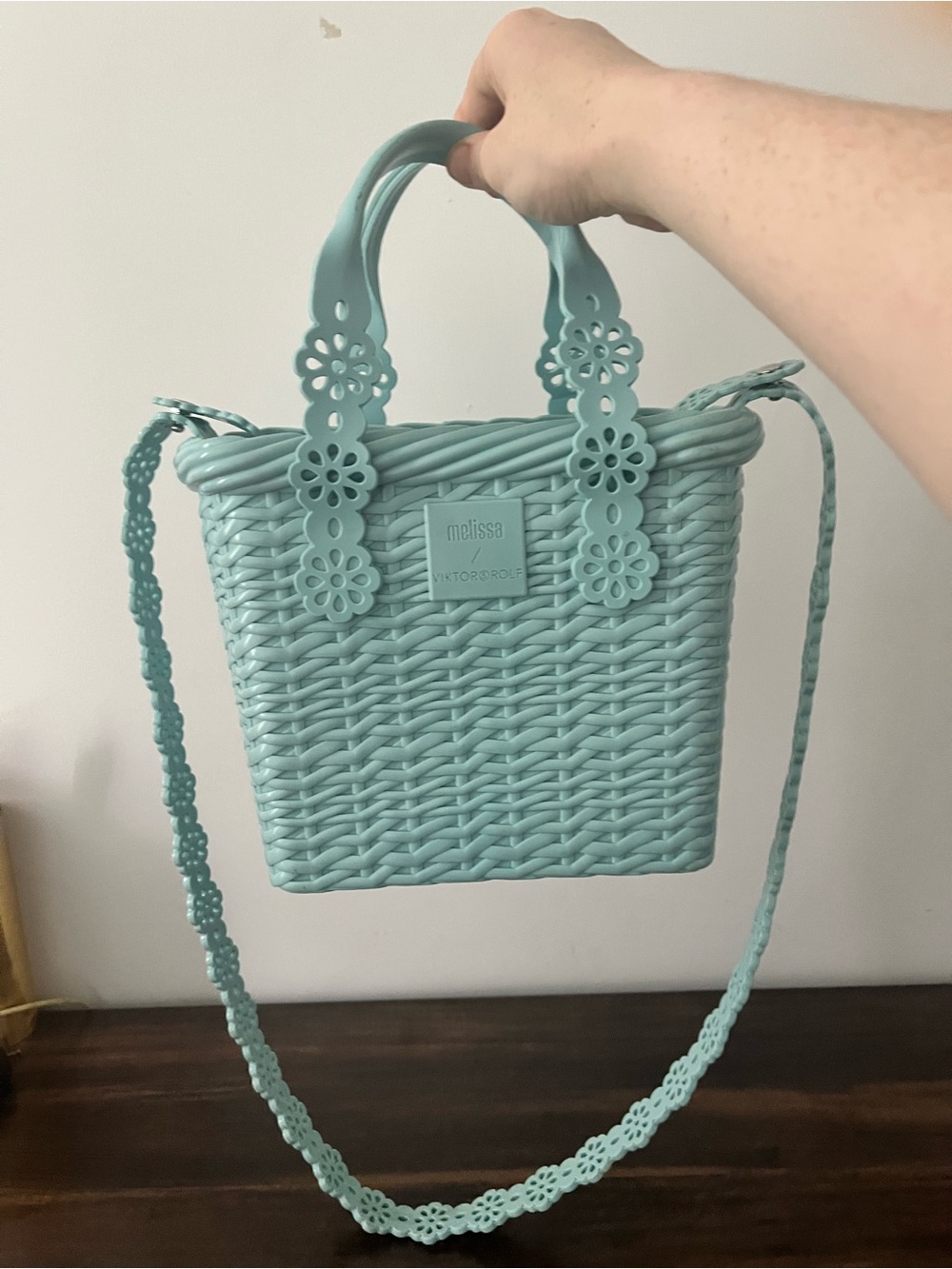 Viktor & Rolf Mint Floral-Trim Woven Tote